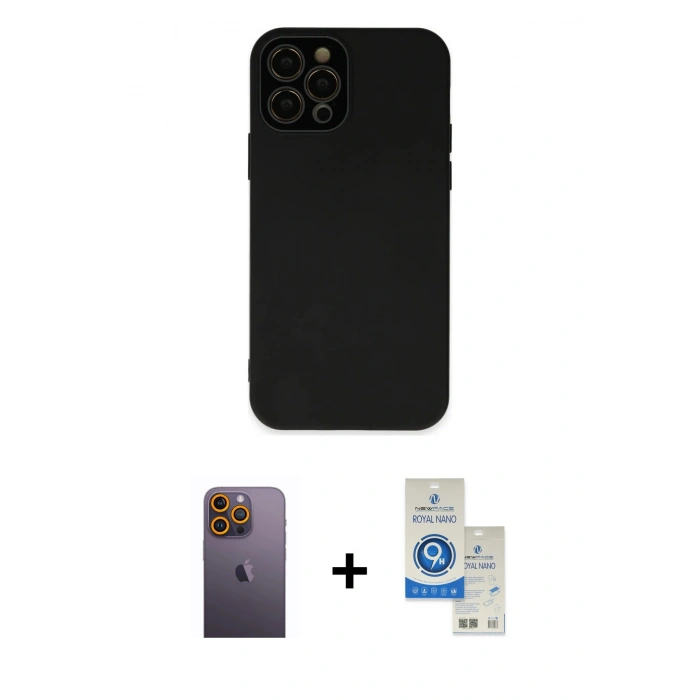 MARSİLYAN™- iPhone 12 Pro Max Kılıf Çekirdek Modern Serisi - Şeffaf Royal Nano Ekran Koruyucu + Neon Fosforlu Kamera Lens - SI