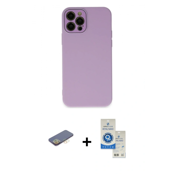 MARSİLYAN™- iPhone 12 Pro Max Kılıf Çekirdek Modern Serisi - Şeffaf Royal Nano Ekran Koruyucu + Renkli Kamera Lens Koruma Cam - SI