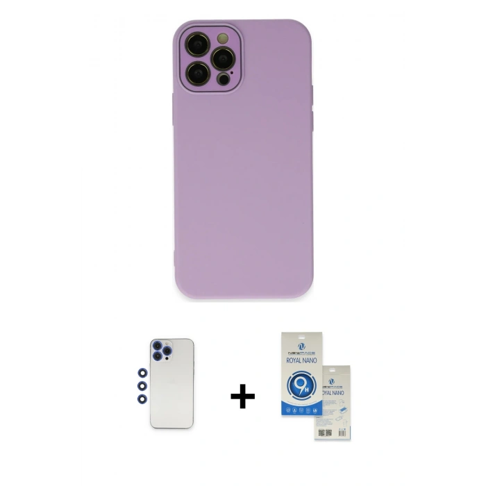 MARSİLYAN™- iPhone 12 Pro Max Kılıf Çekirdek Modern Serisi - Şeffaf Royal Nano Ekran Koruyucu + Shine Kamera Lens - LT
