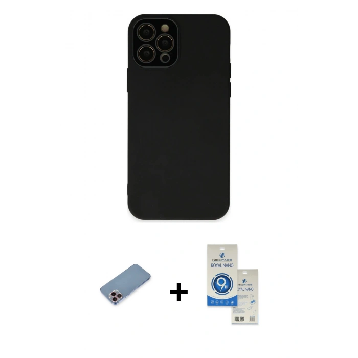 MARSİLYAN™- iPhone 12 Pro Max Kılıf Çekirdek Modern Serisi - Şeffaf Royal Nano Ekran Koruyucu + Shine Kamera Lens Koruma Cam - PE