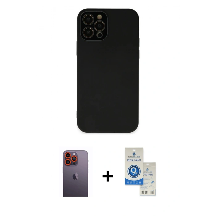 MARSİLYAN™- iPhone 12 Pro Max Kılıf Çekirdek Modern Serisi - Şeffaf Royal Nano Ekran Koruyucu + Neon Fosforlu Kamera Lens - TU