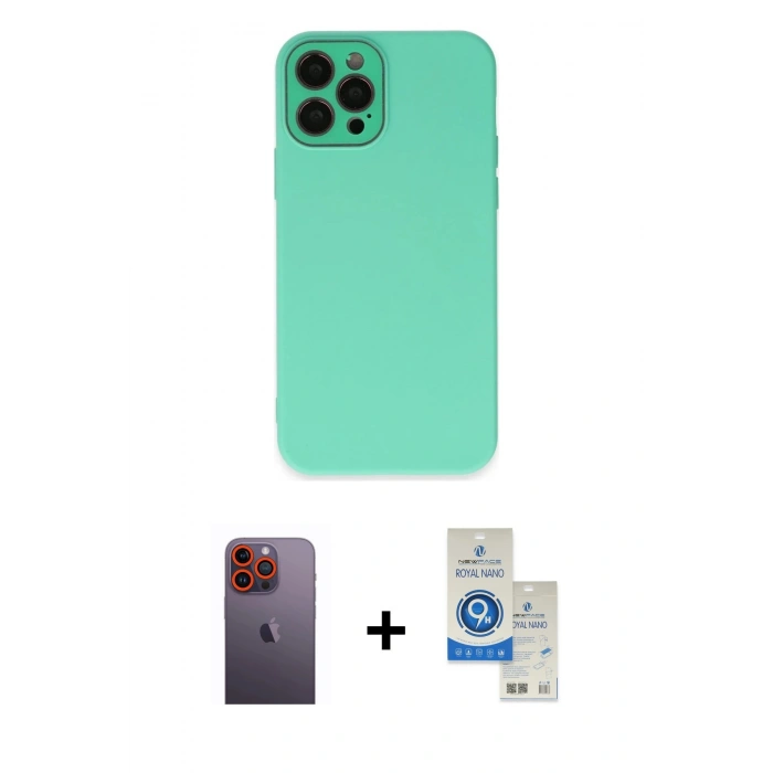 MARSİLYAN™- iPhone 12 Pro Max Kılıf Çekirdek Modern Serisi - Şeffaf Royal Nano Ekran Koruyucu + Neon Fosforlu Kamera Lens - TU