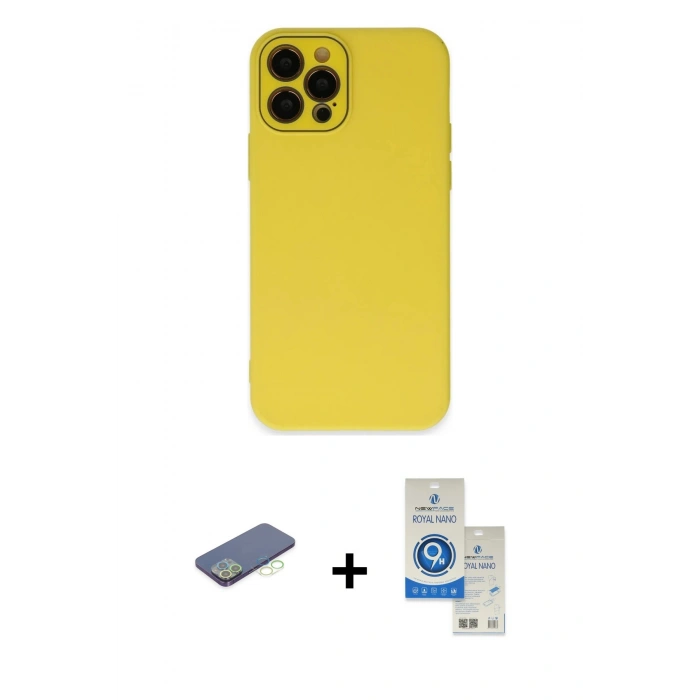 MARSİLYAN™- iPhone 12 Pro Max Kılıf Çekirdek Modern Serisi - Şeffaf Royal Nano Ekran Koruyucu + Renkli Kamera Lens Koruma Cam - YL
