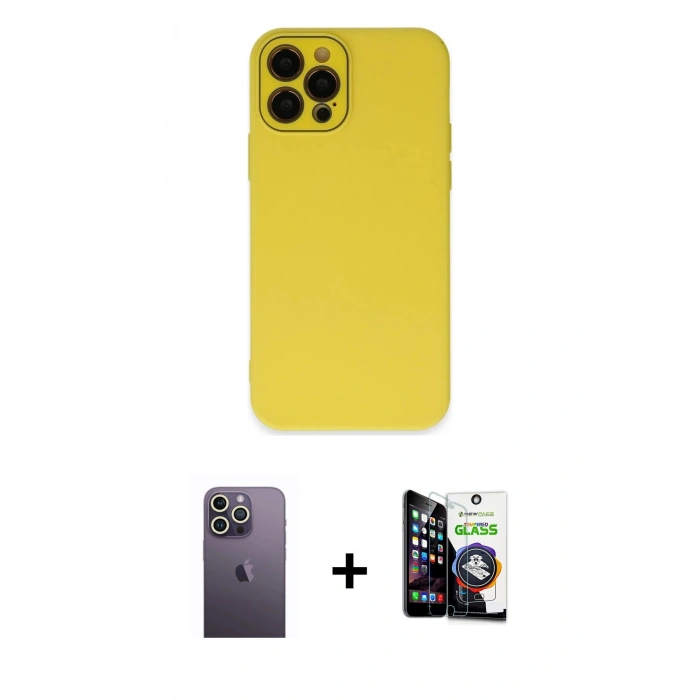 MARSİLYAN™- iPhone 12 Pro Max Kılıf Çekirdek Modern Serisi - Şeffaf Temperli Cam Ekran Koruyucu + Neon Fosforlu Kamera Lens - BZ