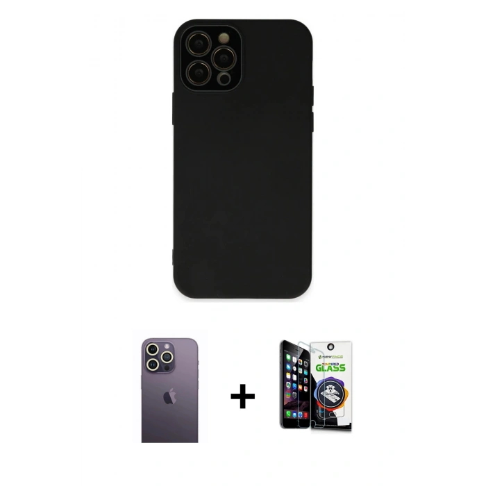 MARSİLYAN™- iPhone 12 Pro Max Kılıf Çekirdek Modern Serisi - Şeffaf Temperli Cam Ekran Koruyucu + Neon Fosforlu Kamera Lens - BZ