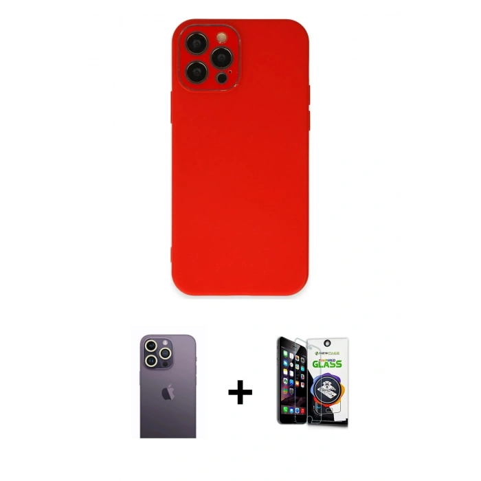 MARSİLYAN™- iPhone 12 Pro Max Kılıf Çekirdek Modern Serisi - Şeffaf Temperli Cam Ekran Koruyucu + Neon Fosforlu Kamera Lens - BZ