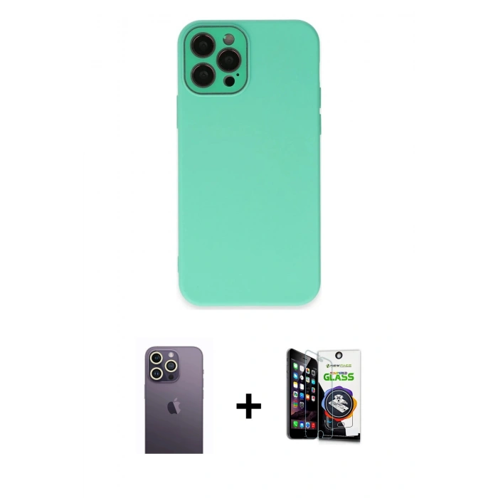 MARSİLYAN™- iPhone 12 Pro Max Kılıf Çekirdek Modern Serisi - Şeffaf Temperli Cam Ekran Koruyucu + Neon Fosforlu Kamera Lens - BZ
