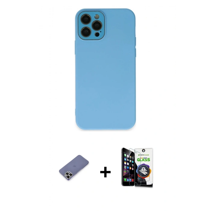 MARSİLYAN™- iPhone 12 Pro Max Kılıf Çekirdek Modern Serisi - Şeffaf Temperli Cam Ekran Koruyucu + Metal Kamera Lens Koruma Cam - GD