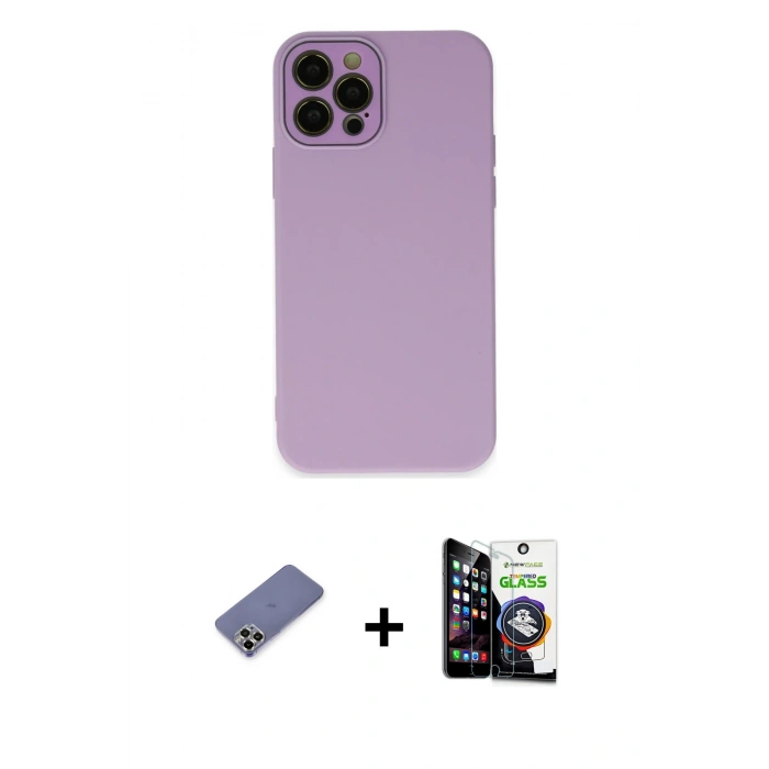 MARSİLYAN™- iPhone 12 Pro Max Kılıf Çekirdek Modern Serisi - Şeffaf Temperli Cam Ekran Koruyucu + Metal Kamera Lens Koruma Cam - GD