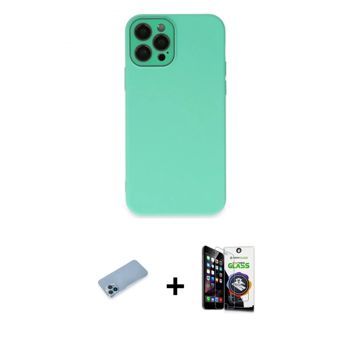 MARSİLYAN™- iPhone 12 Pro Max Kılıf Çekirdek Modern Serisi - Şeffaf Temperli Cam Ekran Koruyucu + Mavi Shine Kamera Lens Koruma Cam