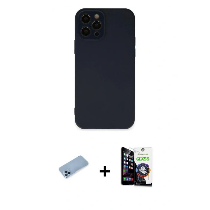 MARSİLYAN™- iPhone 12 Pro Max Kılıf Çekirdek Modern Serisi - Şeffaf Temperli Cam Ekran Koruyucu + Mavi Shine Kamera Lens Koruma Cam