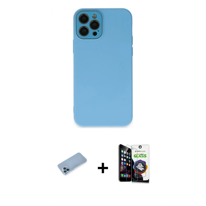 MARSİLYAN™- iPhone 12 Pro Max Kılıf Çekirdek Modern Serisi - Şeffaf Temperli Cam Ekran Koruyucu + Mavi Shine Kamera Lens Koruma Cam