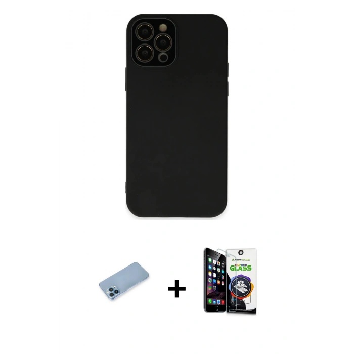 MARSİLYAN™- iPhone 12 Pro Max Kılıf Çekirdek Modern Serisi - Şeffaf Temperli Cam Ekran Koruyucu + Mavi Shine Kamera Lens Koruma Cam