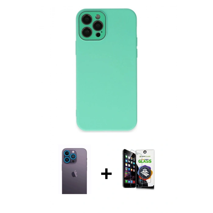 MARSİLYAN™- iPhone 12 Pro Max Kılıf Çekirdek Modern Serisi - Şeffaf Temperli Cam Ekran Koruyucu + Neon Fosforlu Kamera Lens - MI