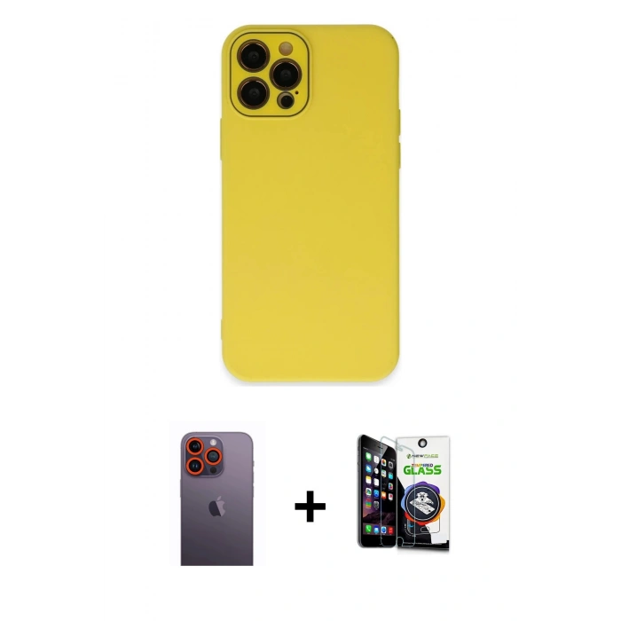 MARSİLYAN™- iPhone 12 Pro Max Kılıf Çekirdek Modern Serisi - Şeffaf Temperli Cam Ekran Koruyucu + Neon Fosforlu Kamera Lens - TU