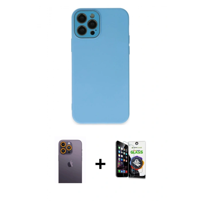 MARSİLYAN™- iPhone 12 Pro Max Kılıf Çekirdek Modern Serisi - Şeffaf Temperli Cam Ekran Koruyucu + Neon Fosforlu Kamera Lens - SI