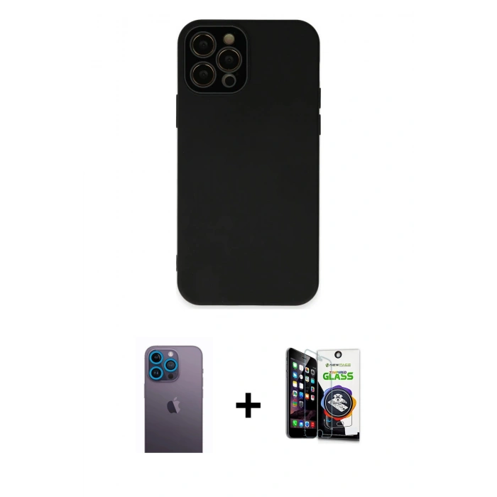 MARSİLYAN™- iPhone 12 Pro Max Kılıf Çekirdek Modern Serisi - Şeffaf Temperli Cam Ekran Koruyucu + Neon Fosforlu Kamera Lens - MI