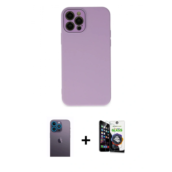 MARSİLYAN™- iPhone 12 Pro Max Kılıf Çekirdek Modern Serisi - Şeffaf Temperli Cam Ekran Koruyucu + Neon Fosforlu Kamera Lens - MI