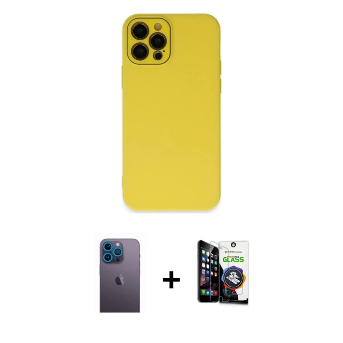 MARSİLYAN™- iPhone 12 Pro Max Kılıf Çekirdek Modern Serisi - Şeffaf Temperli Cam Ekran Koruyucu + Neon Fosforlu Kamera Lens - MI