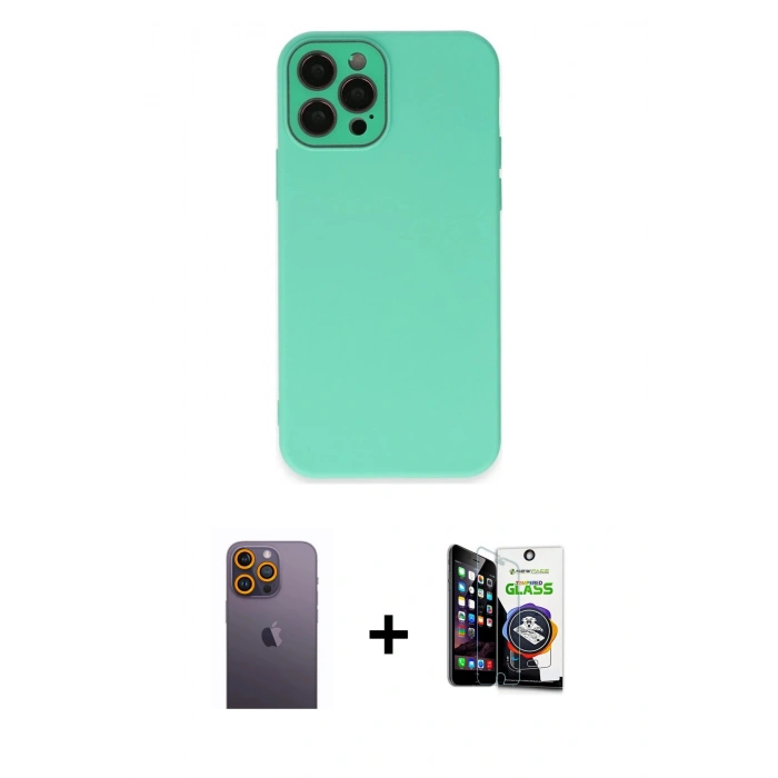 MARSİLYAN™- iPhone 12 Pro Max Kılıf Çekirdek Modern Serisi - Şeffaf Temperli Cam Ekran Koruyucu + Neon Fosforlu Kamera Lens - SI