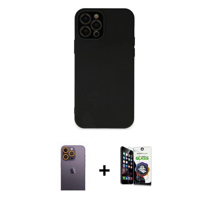 MARSİLYAN™- iPhone 12 Pro Max Kılıf Çekirdek Modern Serisi - Şeffaf Temperli Cam Ekran Koruyucu + Neon Fosforlu Kamera Lens - SI