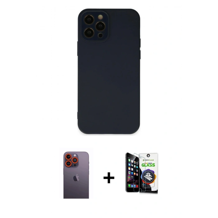 MARSİLYAN™- iPhone 12 Pro Max Kılıf Çekirdek Modern Serisi - Şeffaf Temperli Cam Ekran Koruyucu + Neon Fosforlu Kamera Lens - TU