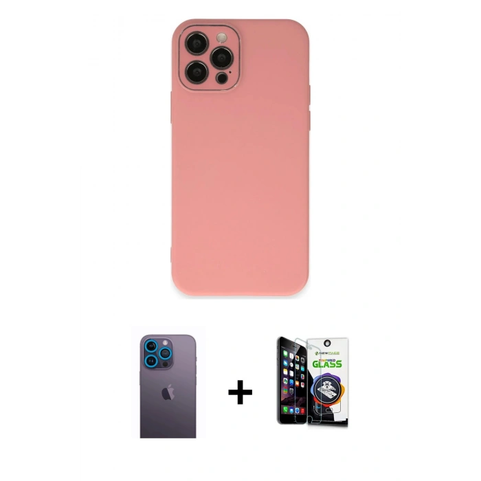 MARSİLYAN™- iPhone 12 Pro Max Kılıf Çekirdek Modern Serisi - Şeffaf Temperli Cam Ekran Koruyucu + Neon Fosforlu Kamera Lens - MI