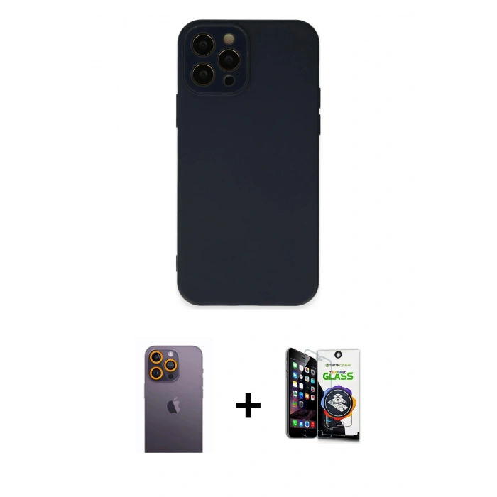 MARSİLYAN™- iPhone 12 Pro Max Kılıf Çekirdek Modern Serisi - Şeffaf Temperli Cam Ekran Koruyucu + Neon Fosforlu Kamera Lens - SI