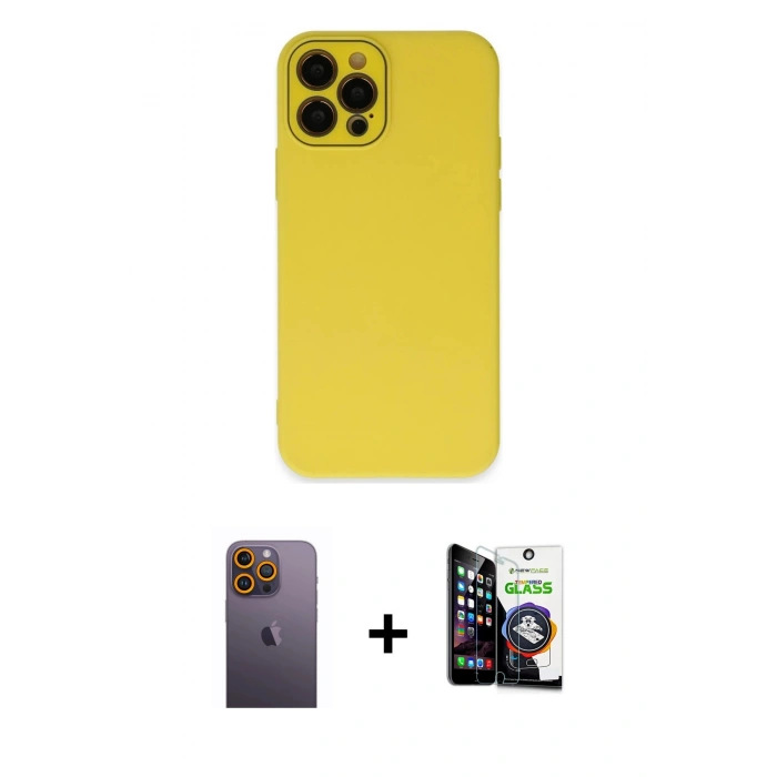 MARSİLYAN™- iPhone 12 Pro Max Kılıf Çekirdek Modern Serisi - Şeffaf Temperli Cam Ekran Koruyucu + Neon Fosforlu Kamera Lens - SI