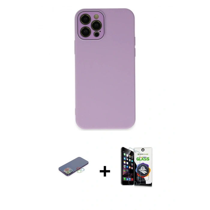 MARSİLYAN™- iPhone 12 Pro Max Kılıf Çekirdek Modern Serisi - Şeffaf Temperli Cam Ekran Koruyucu + Renkli Kamera Lens Koruma Cam - MI