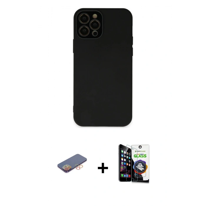 MARSİLYAN™- iPhone 12 Pro Max Kılıf Çekirdek Modern Serisi - Şeffaf Temperli Cam Ekran Koruyucu + Renkli Kamera Lens Koruma Cam - TU