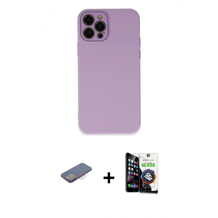 MARSİLYAN™- iPhone 12 Pro Max Kılıf Çekirdek Modern Serisi - Şeffaf Temperli Cam Ekran Koruyucu + Renkli Kamera Lens Koruma Cam - PE