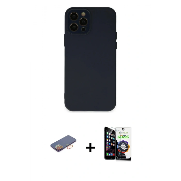 MARSİLYAN™- iPhone 12 Pro Max Kılıf Çekirdek Modern Serisi - Şeffaf Temperli Cam Ekran Koruyucu + Renkli Kamera Lens Koruma Cam - TU