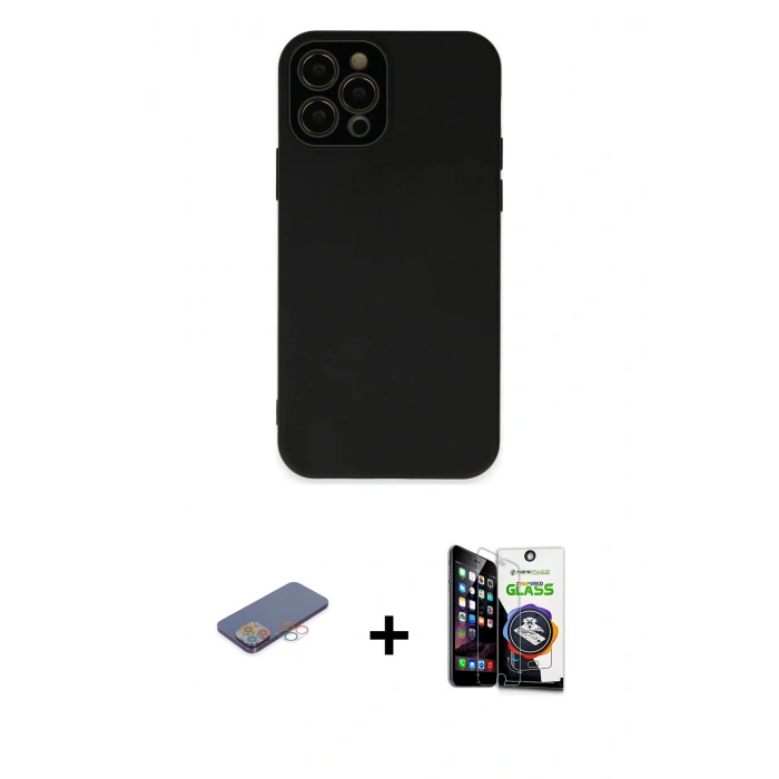 MARSİLYAN™- iPhone 12 Pro Max Kılıf Çekirdek Modern Serisi - Şeffaf Temperli Cam Ekran Koruyucu + Renkli Kamera Lens Koruma Cam - PE