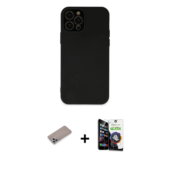 MARSİLYAN™- iPhone 12 Pro Max Kılıf Çekirdek Modern Serisi - Şeffaf Temperli Cam Ekran Koruyucu + Shine Kamera Lens Koruma Cam - SABE