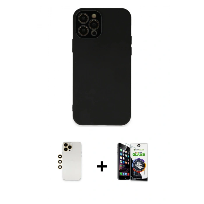 MARSİLYAN™- iPhone 12 Pro Max Kılıf Çekirdek Modern Serisi - Şeffaf Temperli Cam Ekran Koruyucu + Shine Kamera Lens - GD