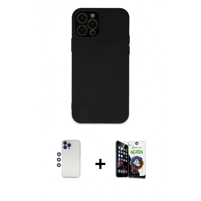 MARSİLYAN™- iPhone 12 Pro Max Kılıf Çekirdek Modern Serisi - Şeffaf Temperli Cam Ekran Koruyucu + Shine Kamera Lens - LT