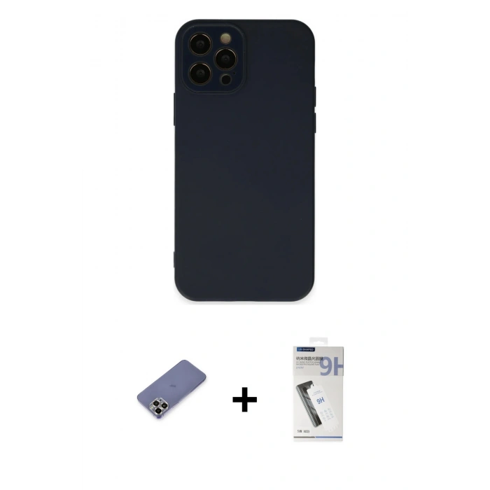 MARSİLYAN™- iPhone 12 Pro Max Kılıf Çekirdek Modern Serisi - Şeffaf Uv Polymer Nano Ekran Koruyucu + Metal Kamera Lens Koruma Cam - GD