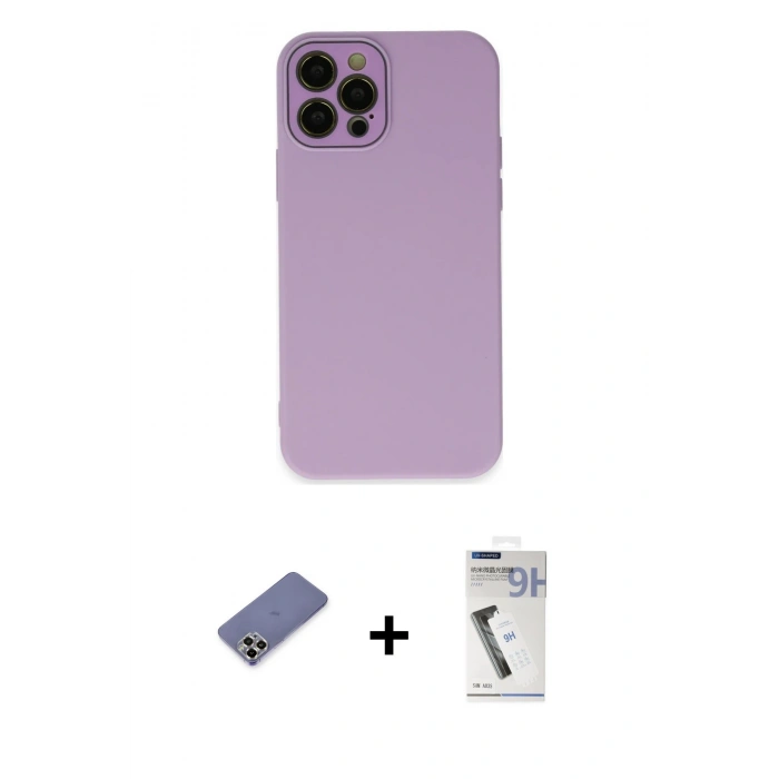 MARSİLYAN™- iPhone 12 Pro Max Kılıf Çekirdek Modern Serisi - Şeffaf Uv Polymer Nano Ekran Koruyucu + Metal Kamera Lens Koruma Cam - GD
