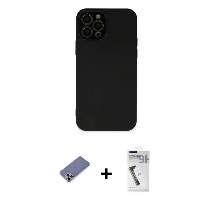 MARSİLYAN™- iPhone 12 Pro Max Kılıf Çekirdek Modern Serisi - Şeffaf Uv Polymer Nano Ekran Koruyucu + Metal Kamera Lens Koruma Cam - GD