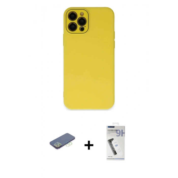 MARSİLYAN™- iPhone 12 Pro Max Kılıf Çekirdek Modern Serisi - Şeffaf Uv Polymer Nano Ekran Koruyucu + Renkli Kamera Lens Koruma Cam - YL