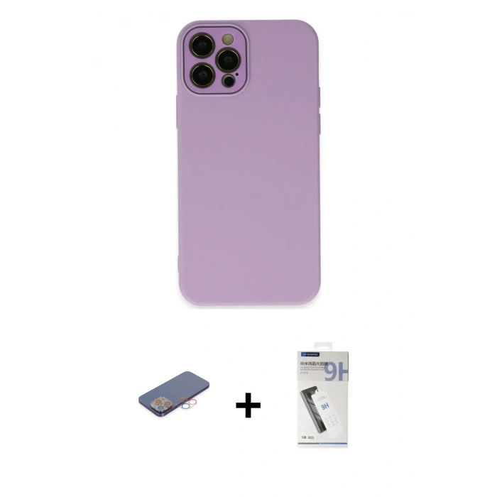 MARSİLYAN™- iPhone 12 Pro Max Kılıf Çekirdek Modern Serisi - Şeffaf Uv Polymer Nano Ekran Koruyucu + Renkli Kamera Lens Koruma Cam - PE