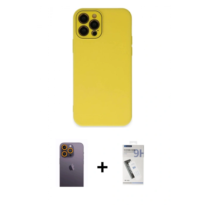 MARSİLYAN™- iPhone 12 Pro Max Kılıf Çekirdek Modern Serisi - Şeffaf Uv Polymer Nano Ekran Koruyucu + Neon Fosforlu Kamera Lens - SI