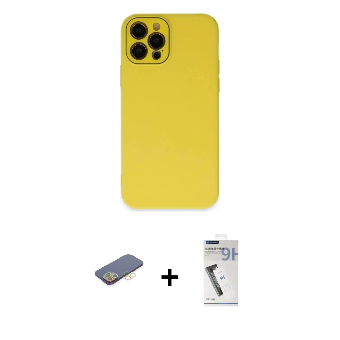 MARSİLYAN™- iPhone 12 Pro Max Kılıf Çekirdek Modern Serisi - Şeffaf Uv Polymer Nano Ekran Koruyucu + Sarı Renkli Kamera Lens Koruma Cam