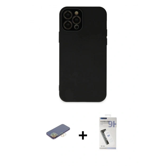 MARSİLYAN™- iPhone 12 Pro Max Kılıf Çekirdek Modern Serisi - Şeffaf Uv Polymer Nano Ekran Koruyucu + Sarı Renkli Kamera Lens Koruma Cam