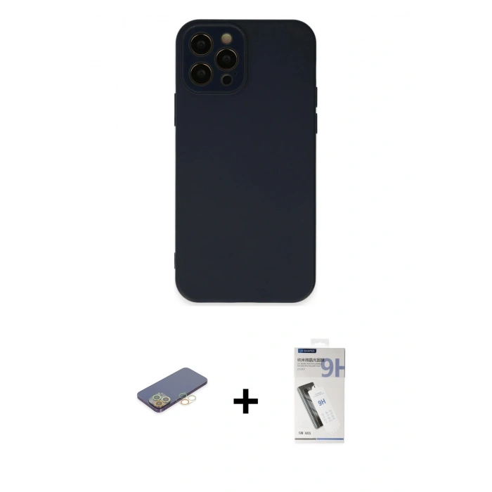 MARSİLYAN™- iPhone 12 Pro Max Kılıf Çekirdek Modern Serisi - Şeffaf Uv Polymer Nano Ekran Koruyucu + Sarı Renkli Kamera Lens Koruma Cam