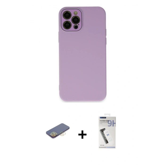 MARSİLYAN™- iPhone 12 Pro Max Kılıf Çekirdek Modern Serisi - Şeffaf Uv Polymer Nano Ekran Koruyucu + Sarı Renkli Kamera Lens Koruma Cam