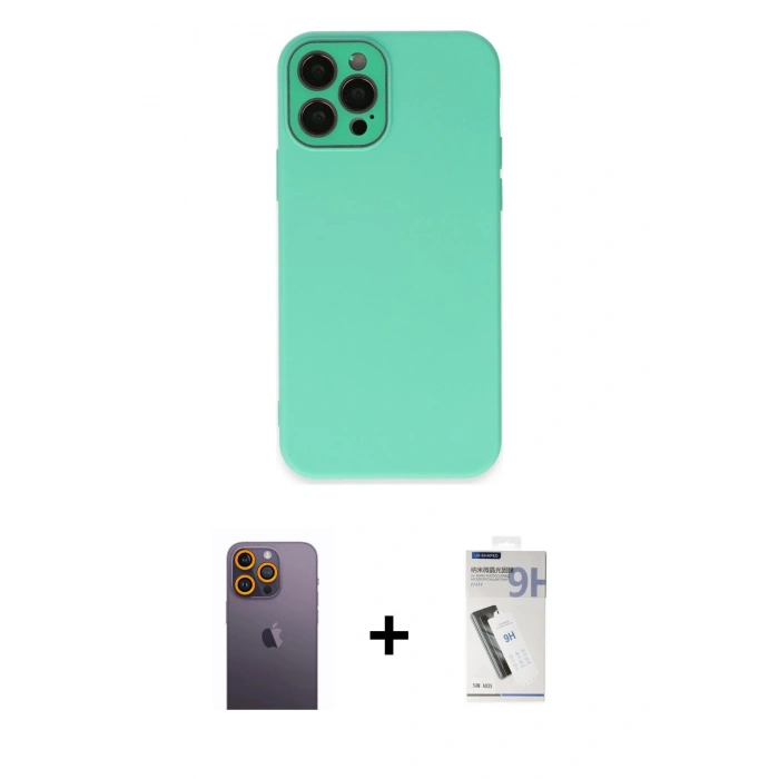 MARSİLYAN™- iPhone 12 Pro Max Kılıf Çekirdek Modern Serisi - Şeffaf Uv Polymer Nano Ekran Koruyucu + Neon Fosforlu Kamera Lens - SI
