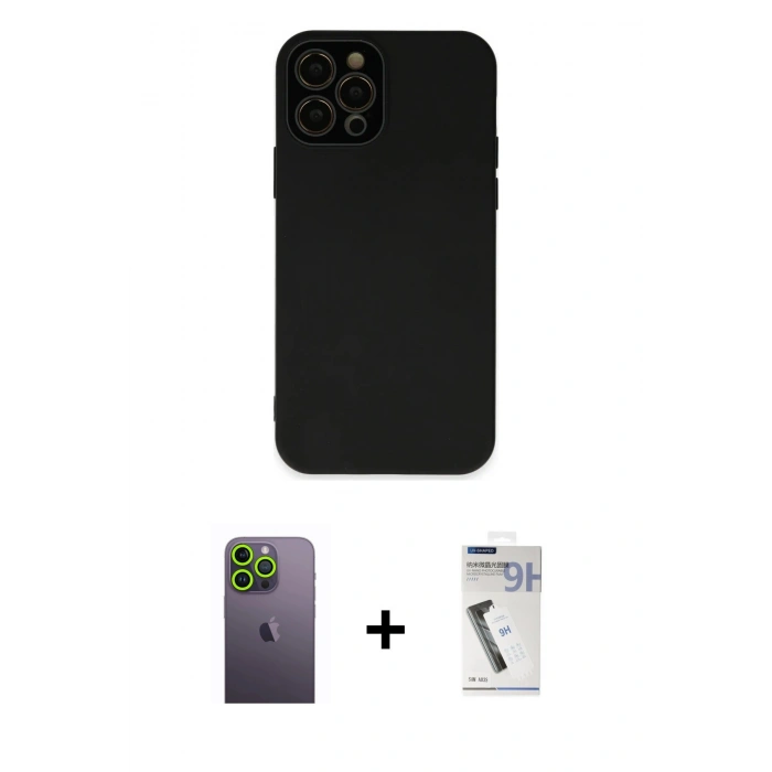 MARSİLYAN™- iPhone 12 Pro Max Kılıf Çekirdek Modern Serisi - Şeffaf Uv Polymer Nano Ekran Koruyucu + Yeşil Neon Fosforlu Kamera Lens