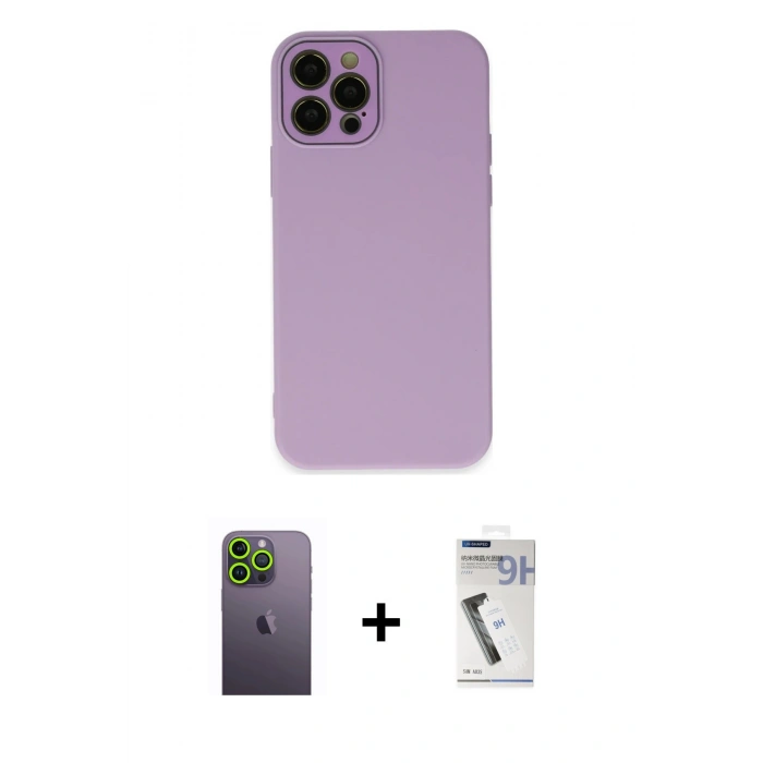 MARSİLYAN™- iPhone 12 Pro Max Kılıf Çekirdek Modern Serisi - Şeffaf Uv Polymer Nano Ekran Koruyucu + Yeşil Neon Fosforlu Kamera Lens